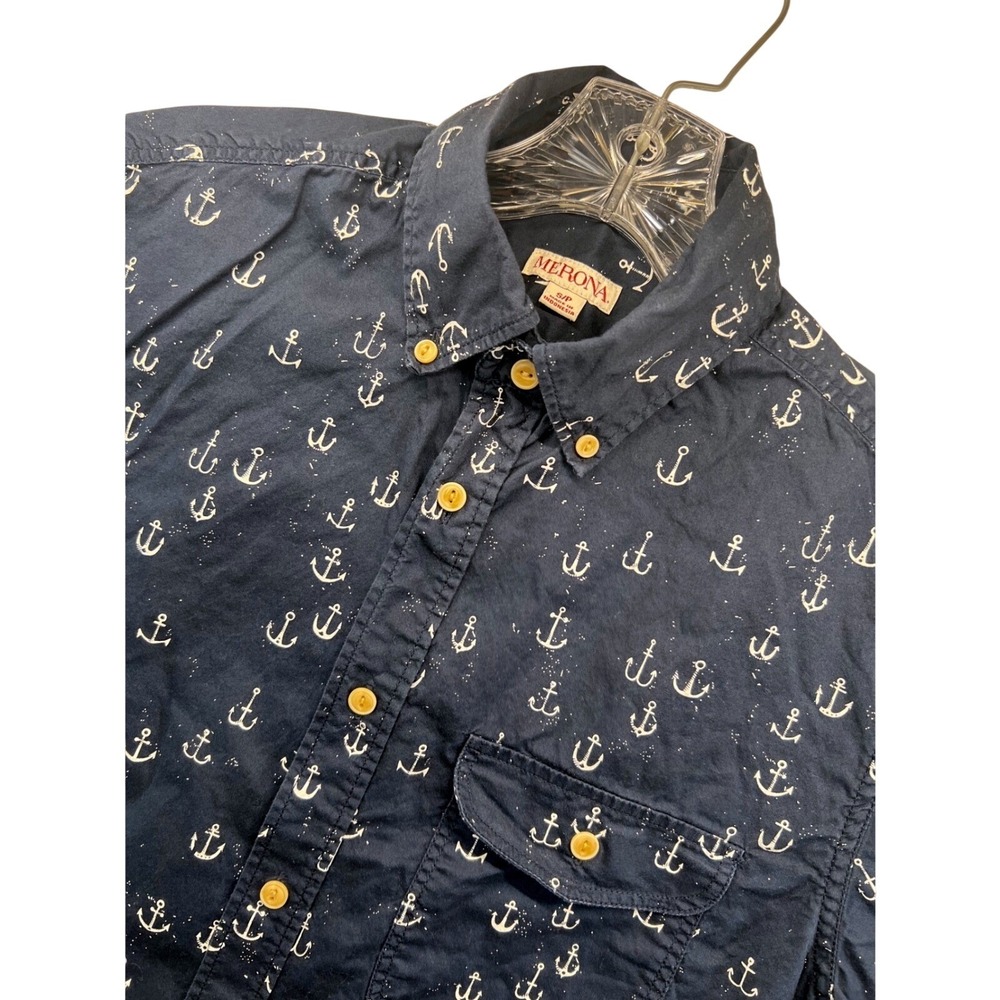 Merona Mens Navy Blue Anchor Print Short Sleeve Button Down Shirt Small Nautical